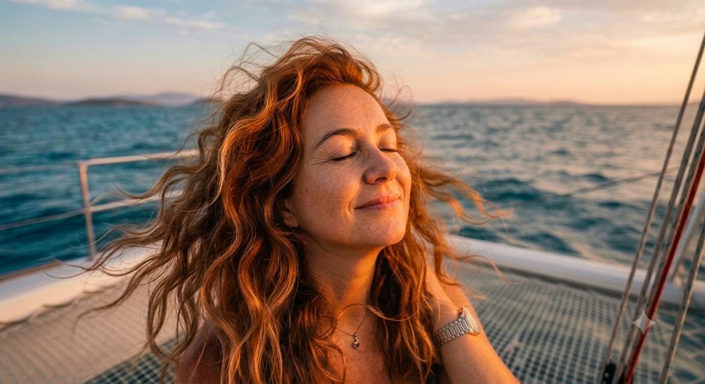 Rana Durbakayım Aylanç aboard a catamaran at sunset